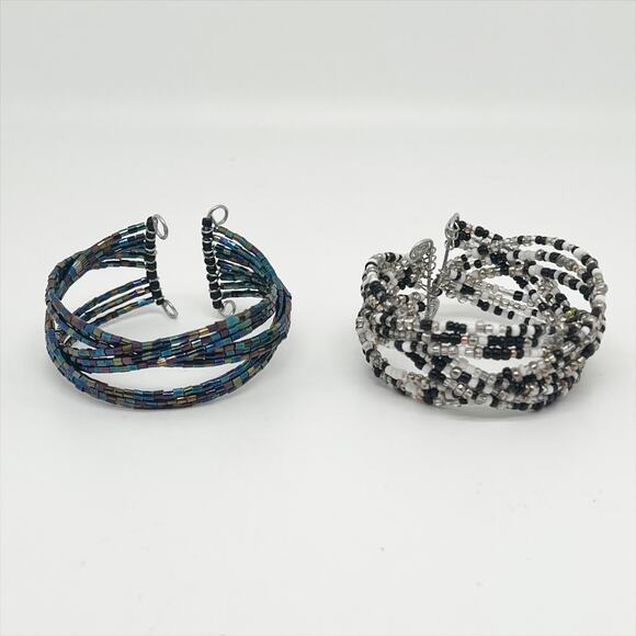 Handmade Lot of 2 Seed Bead Wire Braided Wrap Cuff Bracelets Hand Crafted - Picture 1 of 5